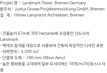 Project 명 : Landmark Tower, Bremen Germany 발주처 : Justus Grosse Projektentwicklung GmbH, Bremen 설 계 : Hilmes Lamprecht Architekten, Bremen -건물높이 67m로 300 hectares에 조성중인 신도시의 Landmark -백색과 동색을 대칭으로 사용하여 건축의 독창적인 디자인 표현 -외벽면적 : 4,500 m2 -단열재 두께 : 180 mm (Miwo Aero) -높은 풍하중을 고려하여 일부 모서리에는 18개/m2의 화스너 사용